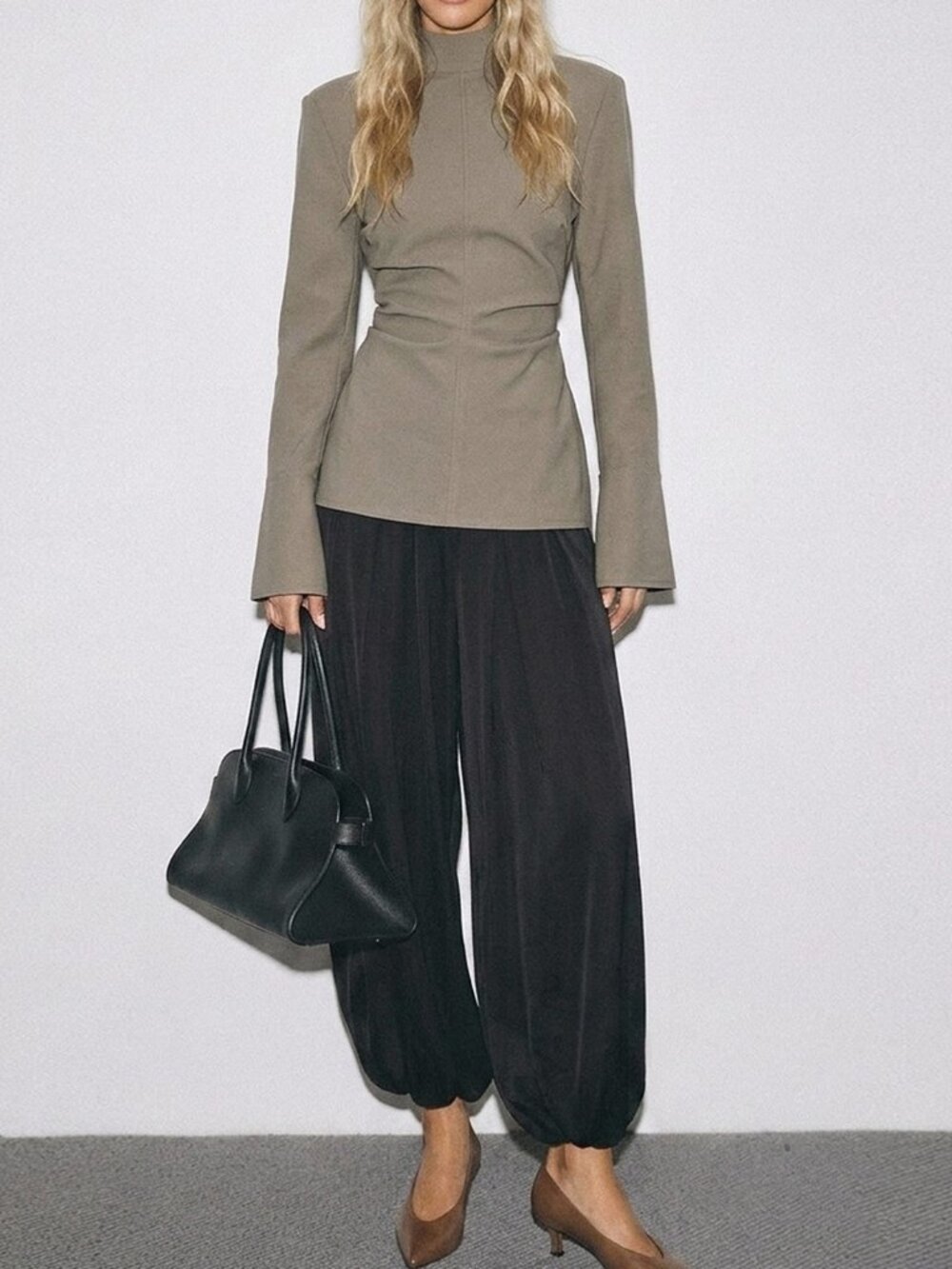 Khaki Casual Women's Ruched Waist Fitted Button Down Shirt Top